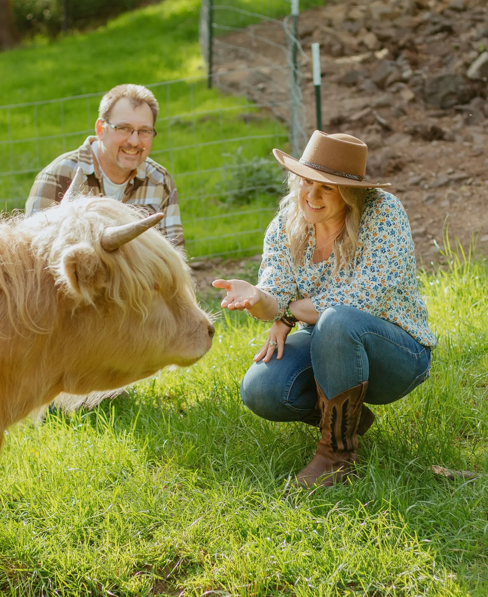 Jaimie kneeling to feed Highland cattle during farm tour while Dave watches - hands-on farm experience at Highland & Co. Acres