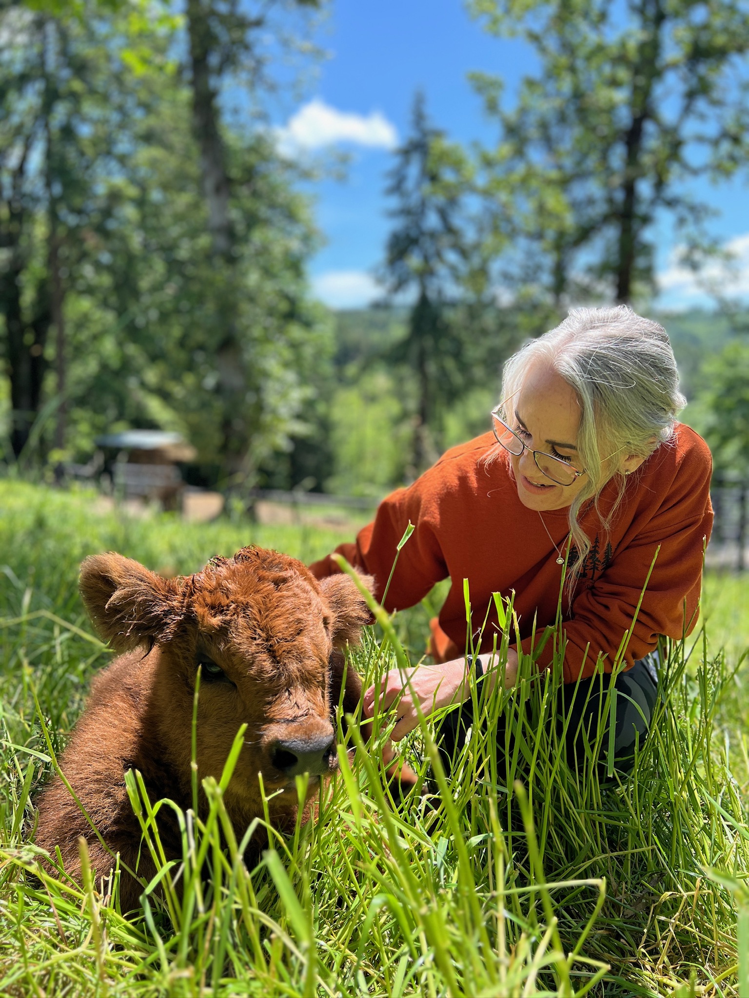 Jaimie Hinckle kneeling in tall green grass gently petting a small red Highland calf at Highland & Co. Acres in Cowlitz County, Washington